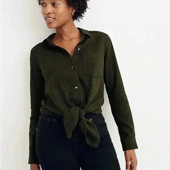 Madewell women’s NWT dark green flannel tie-front button down size XXS - Picture 2 of 9